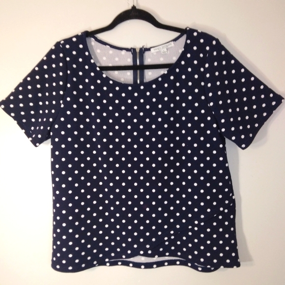 NWOT Green Envelope Los Angeles Navy/White Polka Dot Faux Wrap Top Sz. Large - Picture 2 of 8